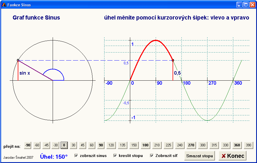 Program Sinus Slouží pro výuku definice funkce sinus pomocí jednotkové kružnice. K základnímu ovládání slouží kurzorové šipky doleva a doprava, kterými měníme úhel.