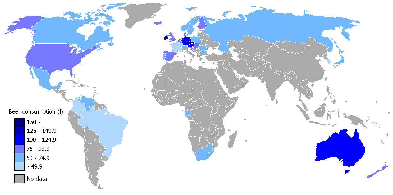 Příloha 18 Mapa největších konzumentů piva (litrů na osobu), k roku 2008