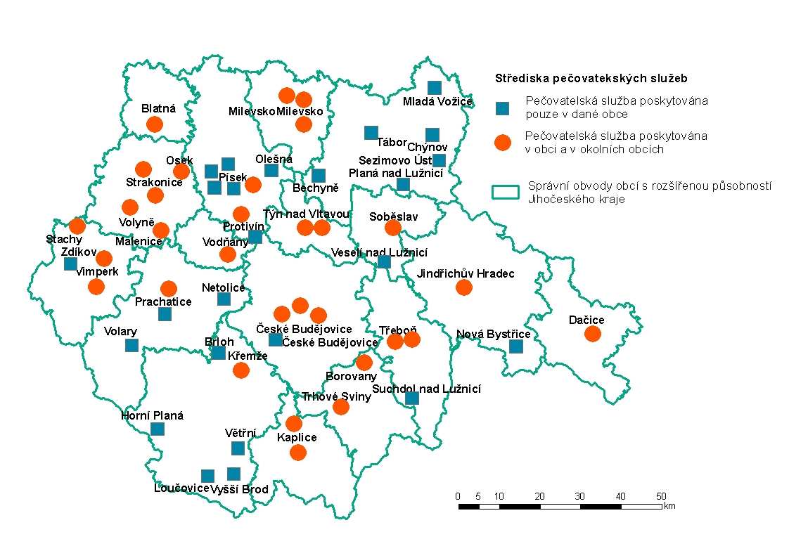 Obrázek 4 Rozmístění středisek pečovatelských služeb v Jihočeském kraji 53 Zdroj: