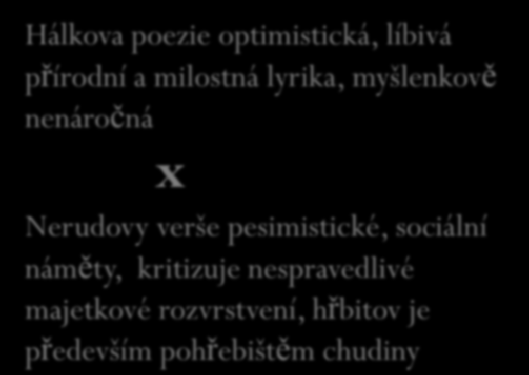 Hálkova sbírka Večerní písně a Nerudovo Jan Neruda Hřbitovní kvítí vyšly Vítězslav přibližně Hálek ve stejné době, Hálkova Hřbitovní sbírka byla kvítí kritikou (1858) i veřejností Večerní písně