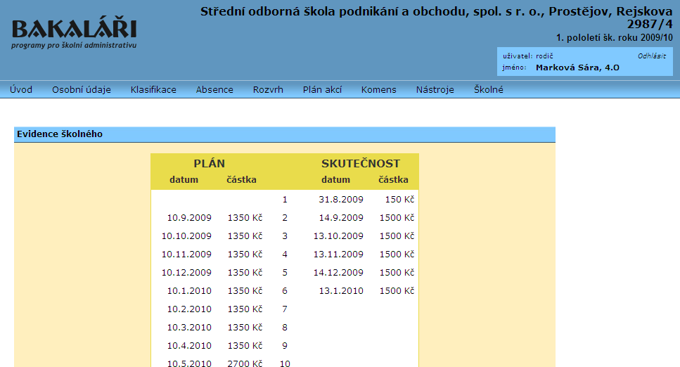 Školné - slouží k evidenci školného za aktuální školní rok - obsahuje přehled plánovaného školného a skutečně došlých plateb - školné se má hradit k 10.