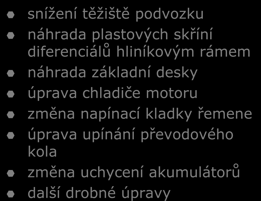 1. místo v celosvětové soutěži pro studenty Autodesk Inventor Student Design Contest 2007 snížení těžiště podvozku náhrada plastových skříní diferenciálů