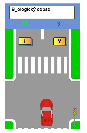 Závody jsou hrou, kdy dítě řídí auto a najíždí s ním do správného písmenka, které by mělo být na vynechaném místě slova viz obrázek 8.