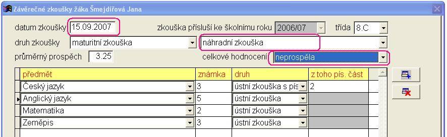 2007, ukončení vzdělávacího programu bez předepsané zkoušky. Příklad 3a Žák z příkladu 3 úspěšně vykoná závěrečnou/maturitní zkoušku/absolutorium dne 15. 9. 2007. Datum a kód ukončení : 30. 6.