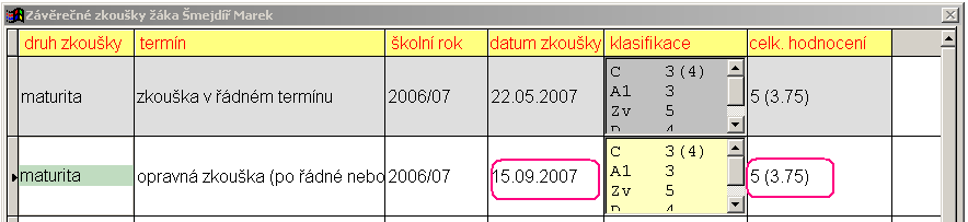 Zápis opravné závěrečné/maturitní zkoušky s datem 15. 9. 2007 - celkový prospěch = neprospěl.