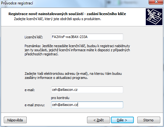 F5Y$xF-aj%Kw2-2M232S). Při opisování, prosím, dbejte na přesné znění Licenčního klíče. Po správném přepsání Licenčního klíče tiskněte tlačítko Dále.