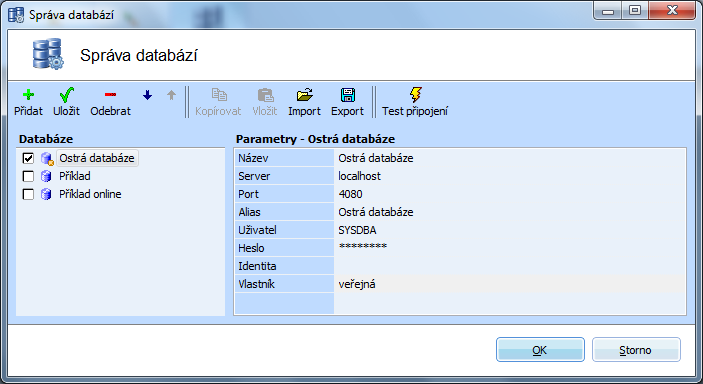 parametry pro připojení. V případě, že není vybrána žádná databáze v seznamu, je tlačítko pro úpravu připojení k databázi zašedlé - neaktivní. 4.