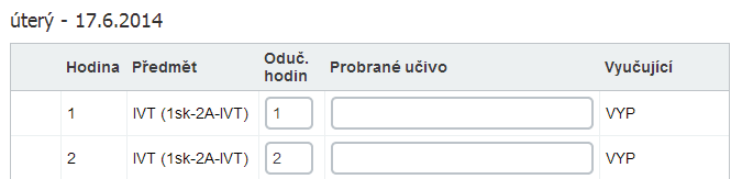 6. Zápis tématu učiva z pohledu organizační jednotky (třída / skupina) Dostáváme se k ryze praktické rutinní části vyplňování, kterou je zápis témat učiva ve formuláře třídní knihy.