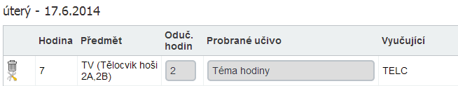 3. Nasazení této spojené výuky v Rozvrhu: I z nasazení výuky v rozvrhu (pohled via učebnu Tělocvična 1) je vidět, že se jedná o spojenou výuku 2 hodin tělocviku chlapců 2.A a 2.