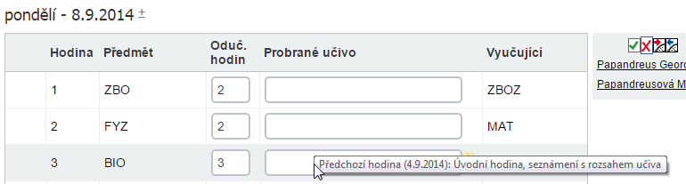 Je vidět, že u tohoto tématu je z 1 naplánované hodiny i 1 hodina odučena tedy splněno. i Poznámka: Systém vám nijak nebude bránit, abyste danému tématu (z důvodu nepochopení látky apod.