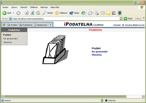 13 Podatelna Pokud jste ve Start menu zvolili část Podatelna, dostali jste se do sekce, kde se budete zabývat činností Podatelny a tedy došlými podáními, které musíte zpracovat a nebo už byly