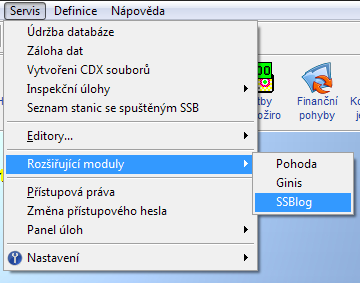 Obrázek č. 2 Nastavení přístupových práv 2.3. Spuštění modulu a zapnutí logování Po registraci je modul dostupný z menu Servis Rozšiřující moduly SSBlog. Ve výchozím stavu je logování dat vypnuto.