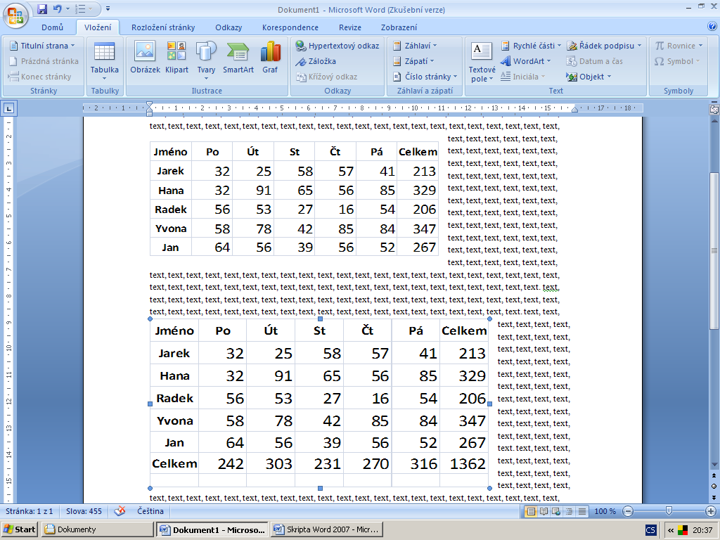 textu aplikace MS-Word se tabulka propojená s tímto souborem zaktualizuje při načtení dokumentu podle poslední verze propojené tabulky MS-Excel. Obr.