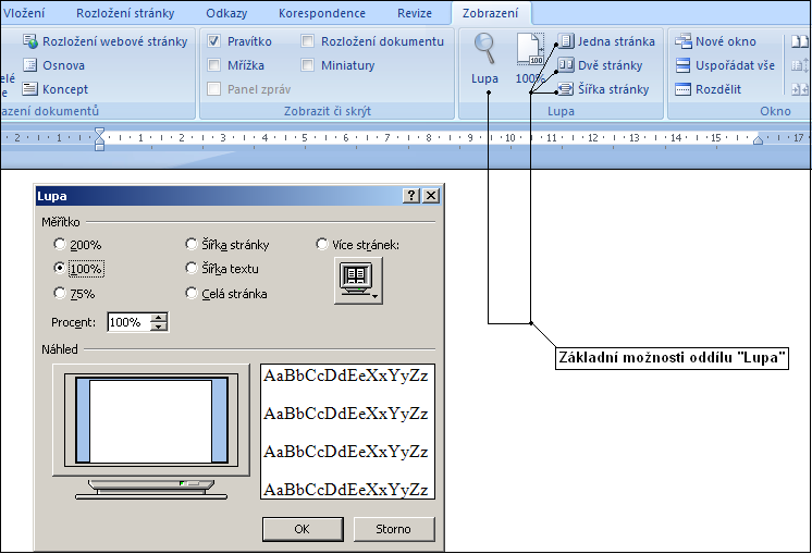 Dokument je hotový, má patrně více stránek a uživatel si jej může prohlédnout. Aktivujme v horním menu skupinu Zobrazení a vyzkoušejme si možnosti oddílu Lupa. Obr. 11 Úkol č.