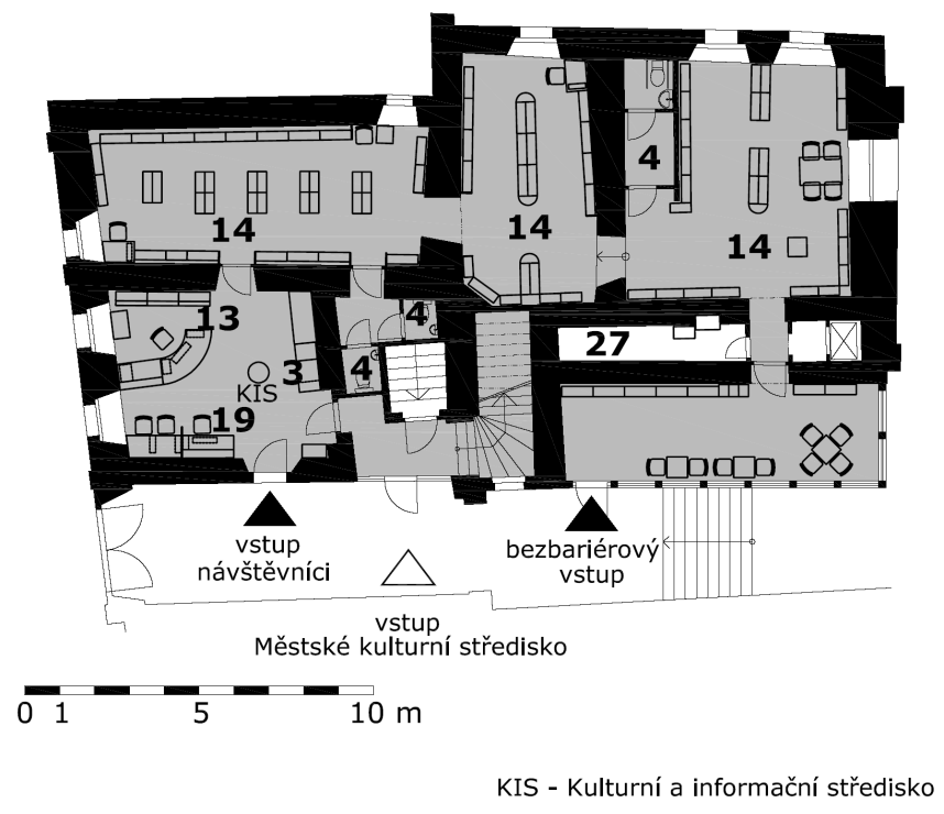 Obr. P3.9 Rekonstrukce Knihovny manželů Tomanových v Rožmitále pod Třemšínem v letech 2005/2006, půdorys 1. Patra (projekt Akad.arch.