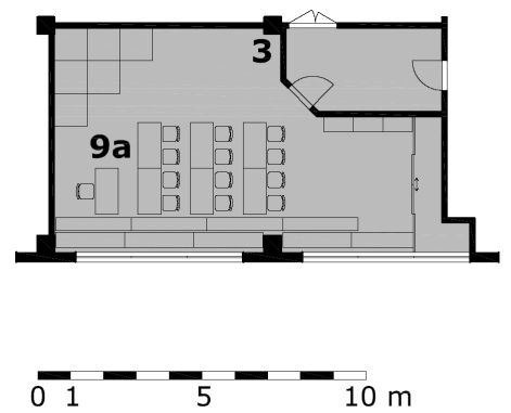 Obr. P3.16 Městská knihovna v Sedlčanech, 2001, půdorys 1. patra (projekt Ateliér Biblio s.r.o.) Obr. P3.17 Komunitní centrum v Městské knihovně v Sedlčanech, 2007, část půdorysu přízemí (projekt Ateliér Biblio s.