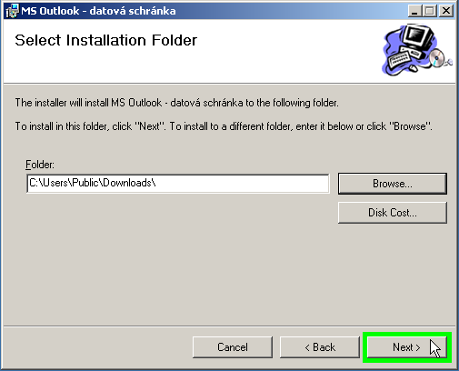 V okně Select Installation Folder je možno změnit nastavení složky, do které bude datová schránka