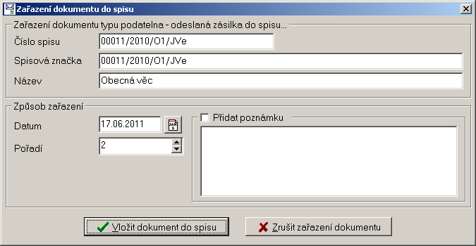 Obr. 19: Vložení dalšího dokumentu do spisu Zde můžeme určit pořadí, na které se dokument ve spisu umístí, dále evidenční datum zařazení dokumentu do spisu a v neposlední řadě lze přidat poznámku,