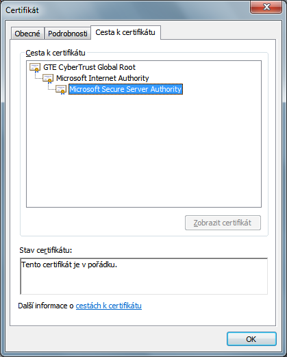 Obrázek č. 3: Cesta k certifikátu - důvěra Zdroj: Internet Explorer 1.6.