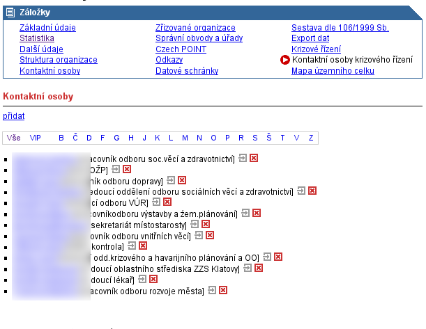 Je-li uživatel přihlášen, je seznam osob v záložce "Kontaktní osoby krizového řízení" rozšířen o editační ikony a odkaz pro přidání nového kontaktu. Ikonou je možno danou položku ze seznamu odstranit.