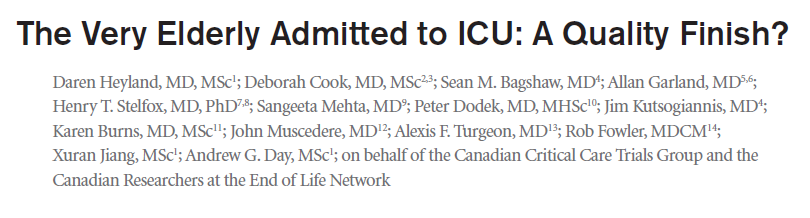 N = 610 (24 ICU Kanada) Věk nad 80 let (průměr 85, range 80-100 let) Mortalita ICU/hospital 22/35% Polovina