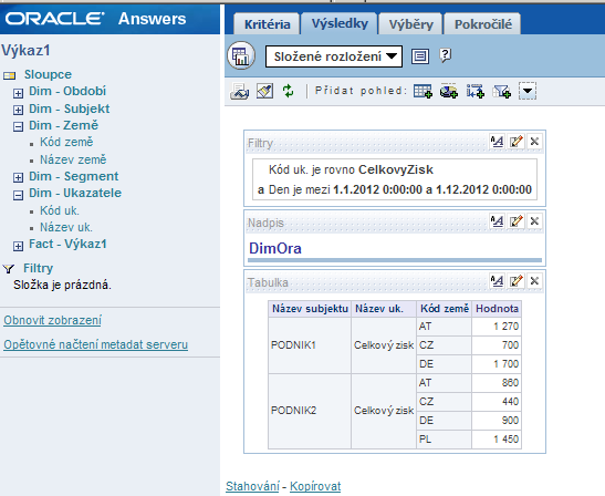 Obrázek 17: OBIEE - analytický nástroj Anwers (zdroj: autor) 6 Výsledky Na základě provedené případové studie mohu konstatovat, že Oracle XML DB a XBRL extenze jsou vhodnými prostředky pro uložení a