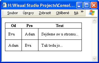 XSLT Příklad (zpravy.css) table { border: 1px solid black; border-collapse: collapse; } td { border: 1px solid black; padding: 10px;} Příklad (zpravy.xml) <?xml version="1.0" encoding="windows-1250"?