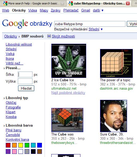 Výsledky můžeme dále filtrovat, můžeme si zvolit datovou velikost vyhledaných obrázků, můžeme dokonce vybrat konkrétní výšku i