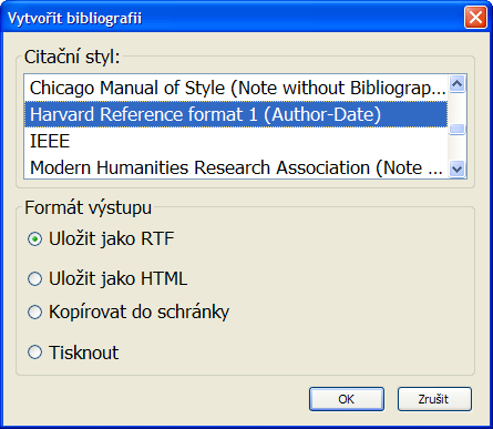 prostřednictvím schránky vkládat do aplikací MS Word nebo OpenOffice (obr. 4.2). Volba formátu pro export citačního záznamu Obrázek 4.