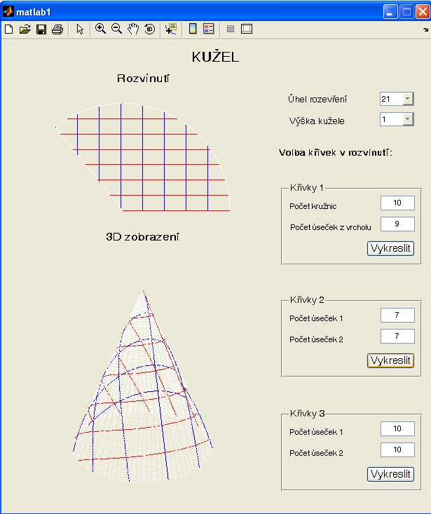 Grafické zpracování v MATLABU KŘIVKY NA PLOŠE KUŽELE Ke grafickému zobrazení byl použit program MATLAB.