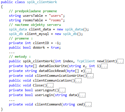 Strana 22 3 Vlastní návrh systému 3.2.5 Třída spik_clientwork Obr. 14 Náhled třídy spik_clientwork používané v serverové aplikaci (zkráceno).
