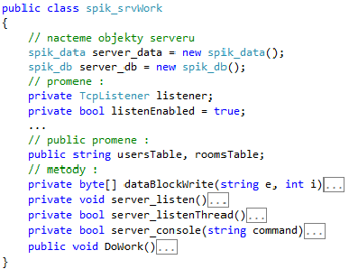 3 Vlastní návrh systému Strana 23 3.2.6 Třída spik_srvwork Obr. 15 Náhled třídy spik_srvwork používané v serverové aplikaci.