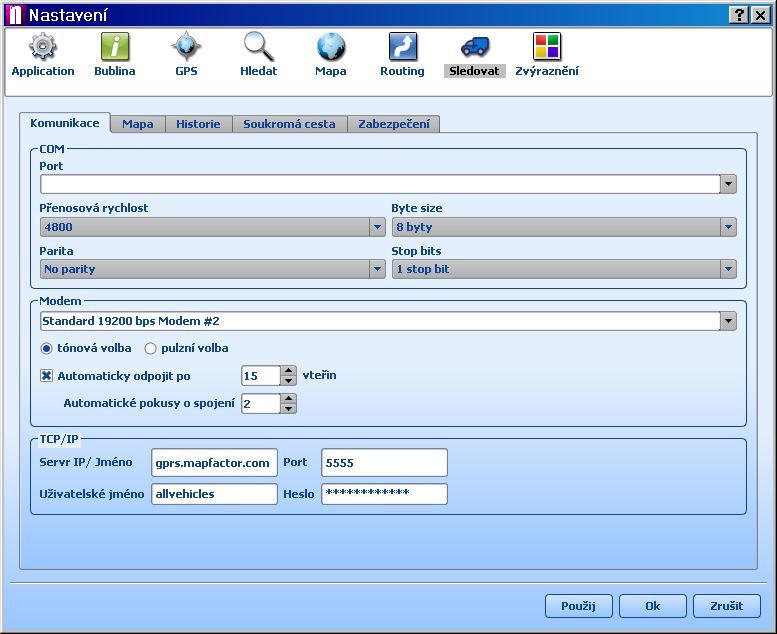 Všechny tyto kroky je možno udělat později ručně : 1) Způsob komunikace se nastavuje v menu Nástoje / Nastavení /Sledovat / Komunikace. 2) Registrace uživatele na GPRS server.
