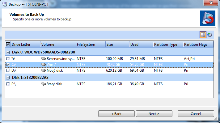 Obrázek 17: Backup Volumes to Back Up Dalším poměrně důležitým oknem je Destination. V něm specifikuji nastavení pro vzdálené uložiště, na které budu zálohu ukládat.