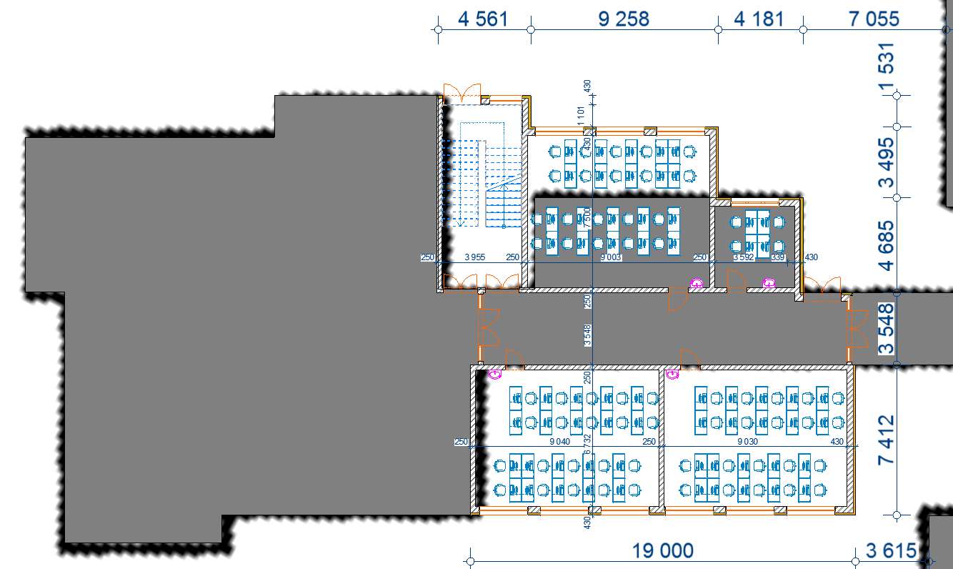 1.Patro = 2.NP = 2.P. pavilonu H Na schématu půdorysu je vidět vsazení mezi stávající budovy tak, aby se minimalizovalo přistínění okolních budov.