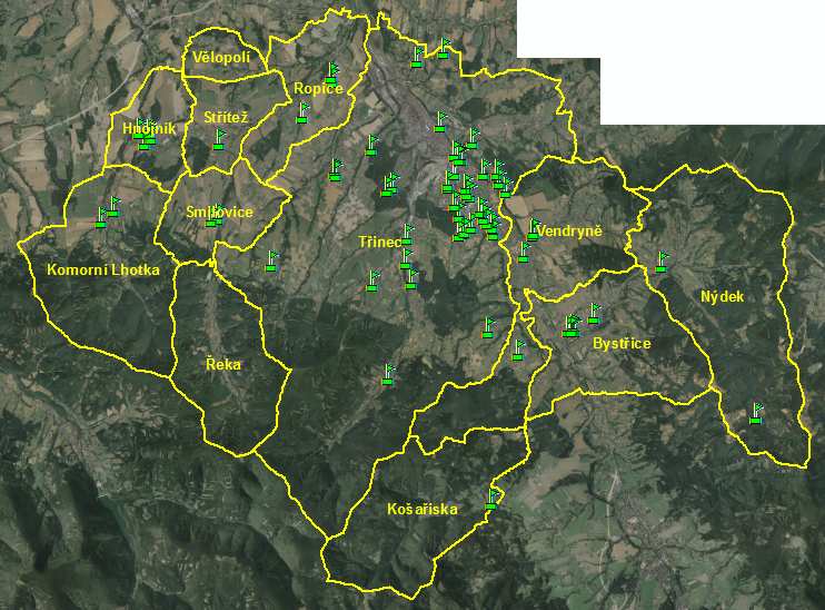 Níže je uvedeno několik snímků obrazovky, na kterých jsou znázorněny výsledky vizualizace škol a školských zařízení v ORP Třinec. Obr.