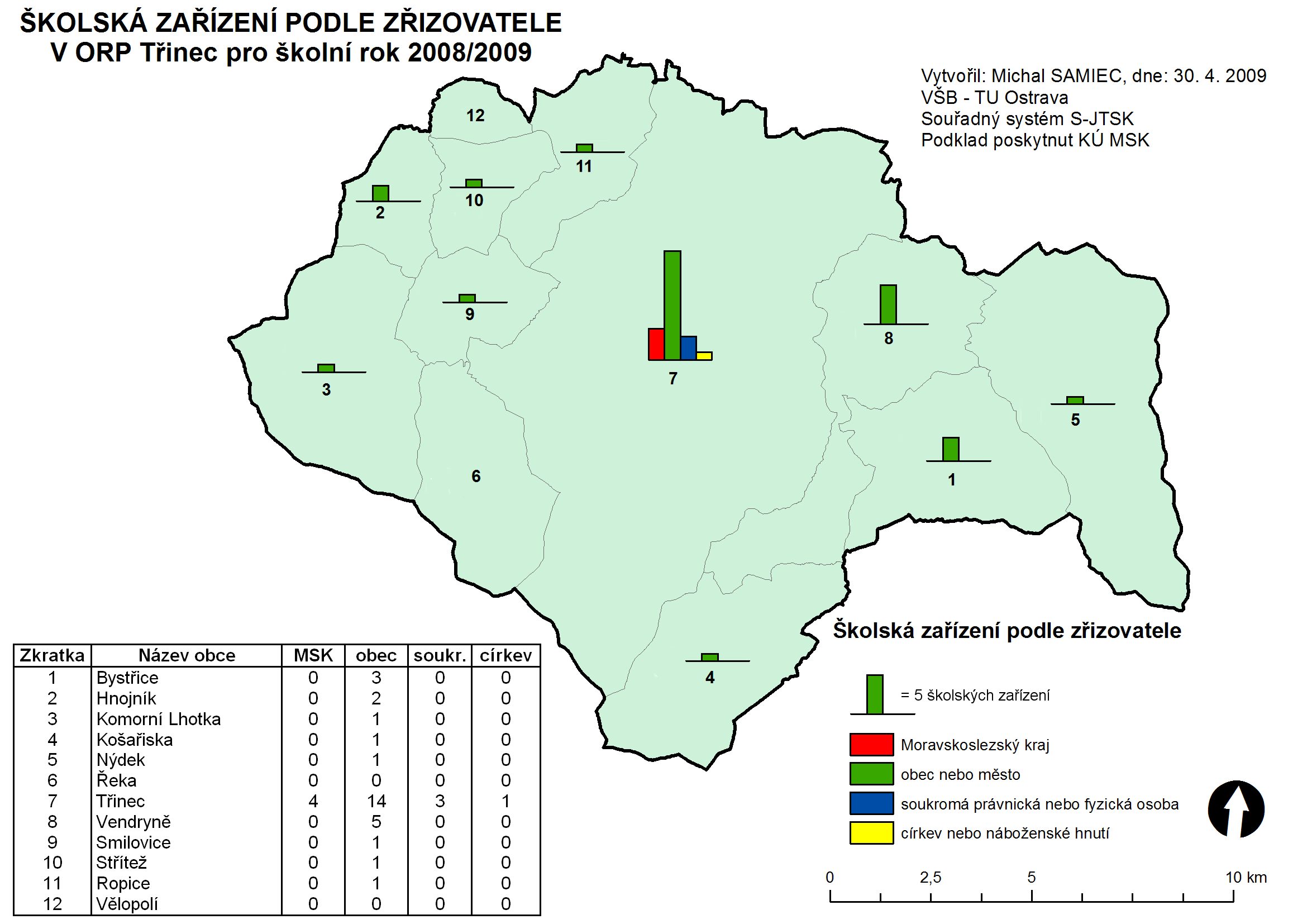 tento školní rok. Nakonec se jedná o kartodiagram vyjadřující strukturu škol v tomto regionu podle toho, jakého mají zřizovatele (buď obec/město, kraj, soukromá osoba nebo církev). Obr.