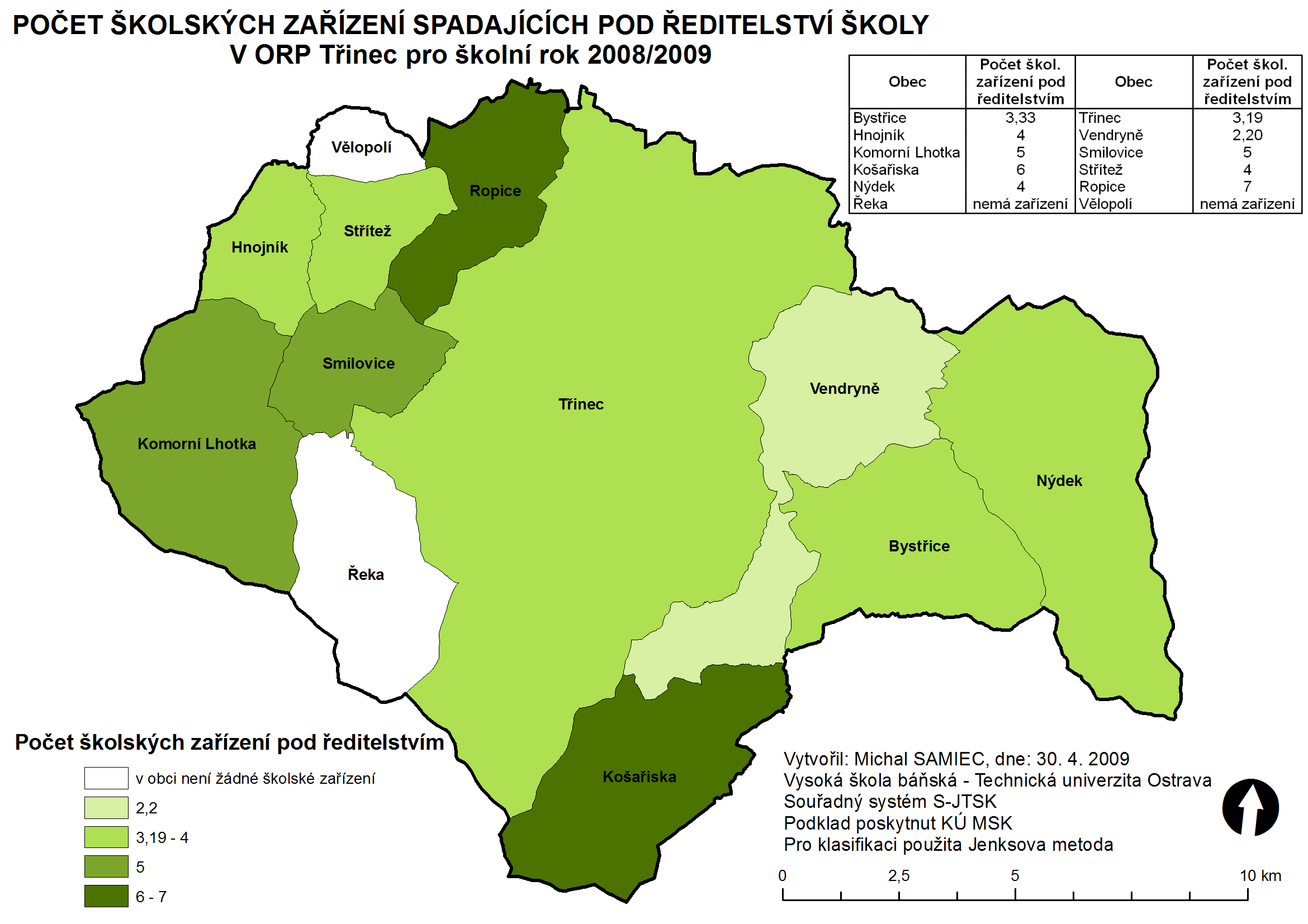 Obr. 1: Počet školských zařízení spadajících pod ředitelství školy v ORP Třinec pro školní rok 2008/2009 5 Implementace úlohy Implementace úlohy a její využívání i využívání dalších úloh, které může