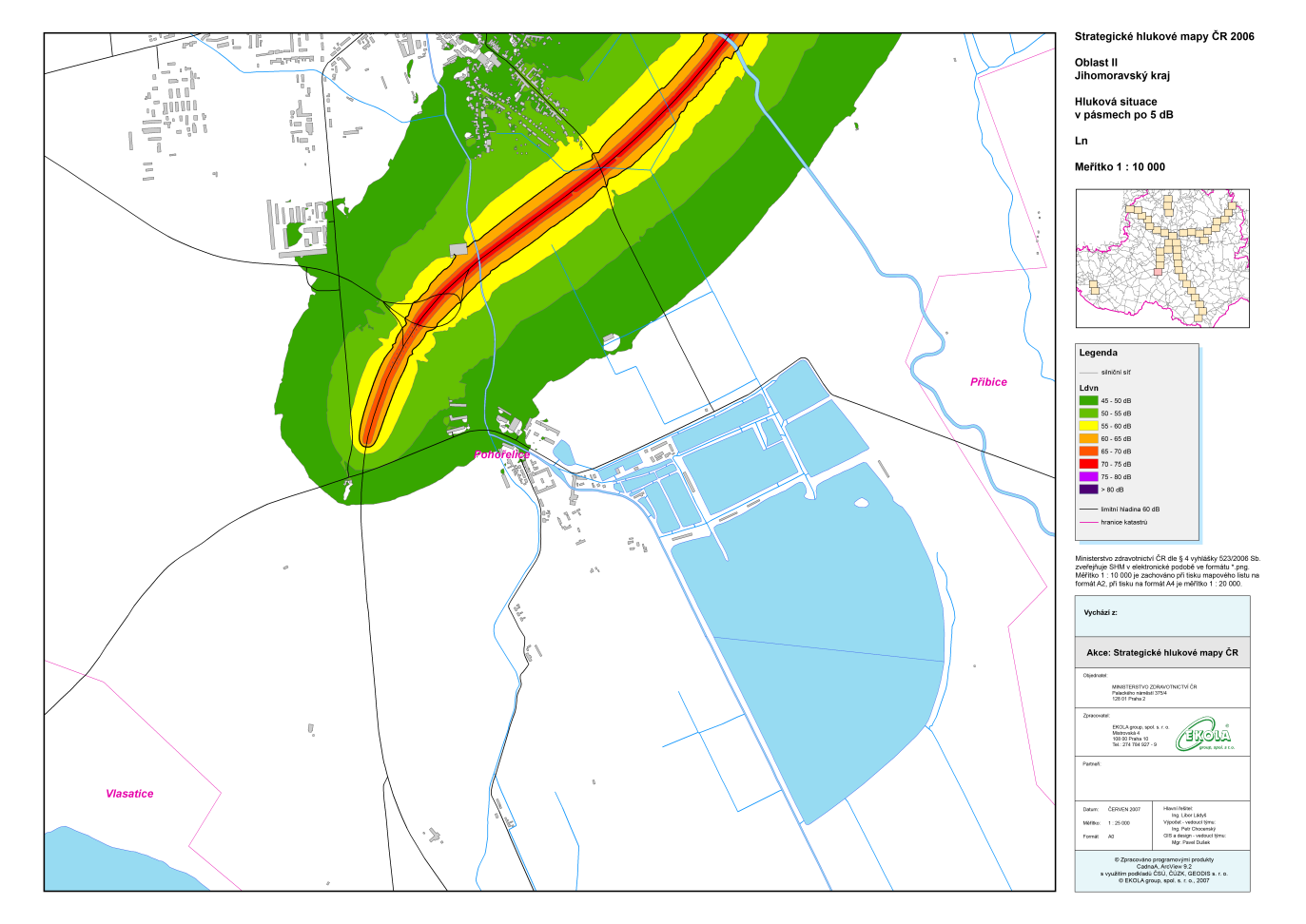 Obr.: Strategická hluková mapa silnic Zdroj: Cenia 2010 Hluk z R52 noc (hluková izofona