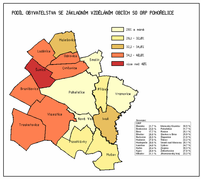 Obr.: Podíl obyvatelstva ve věku 0-14 let v obcích ORP Pohořelice (průměr 2002-2005) Rozvoj oblasti je podmíněn také lidským potenciálem, o kterém mimo jiné svědčí vzdělanostní struktura obyvatelstva