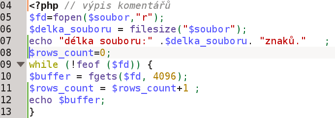 6. Otevření souboru pro čtení a výpis všech jednotlivých řádků: Vysvětlení: 1. řádek celý soubor natáhneme do proměnné (ale neumožníme změnu tedy zápis) 2.