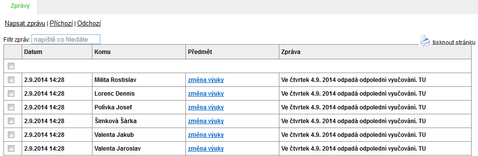 Obrázek 61: Příchozí zprávy Obrázek 62: Odchozí zprávy 5.2.4 Tisk Známky kteréhokoli žáka si můžete bez problémů vytisknout (viz Obrázek 63: Tisk žákovské knížky).