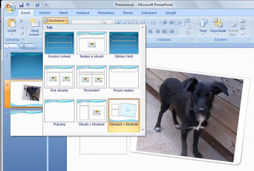 Ukázky šablon Při tvorbě prezentací můţeme vyuţívat jiţ nabídnutého rozvrţení snímku tzn.