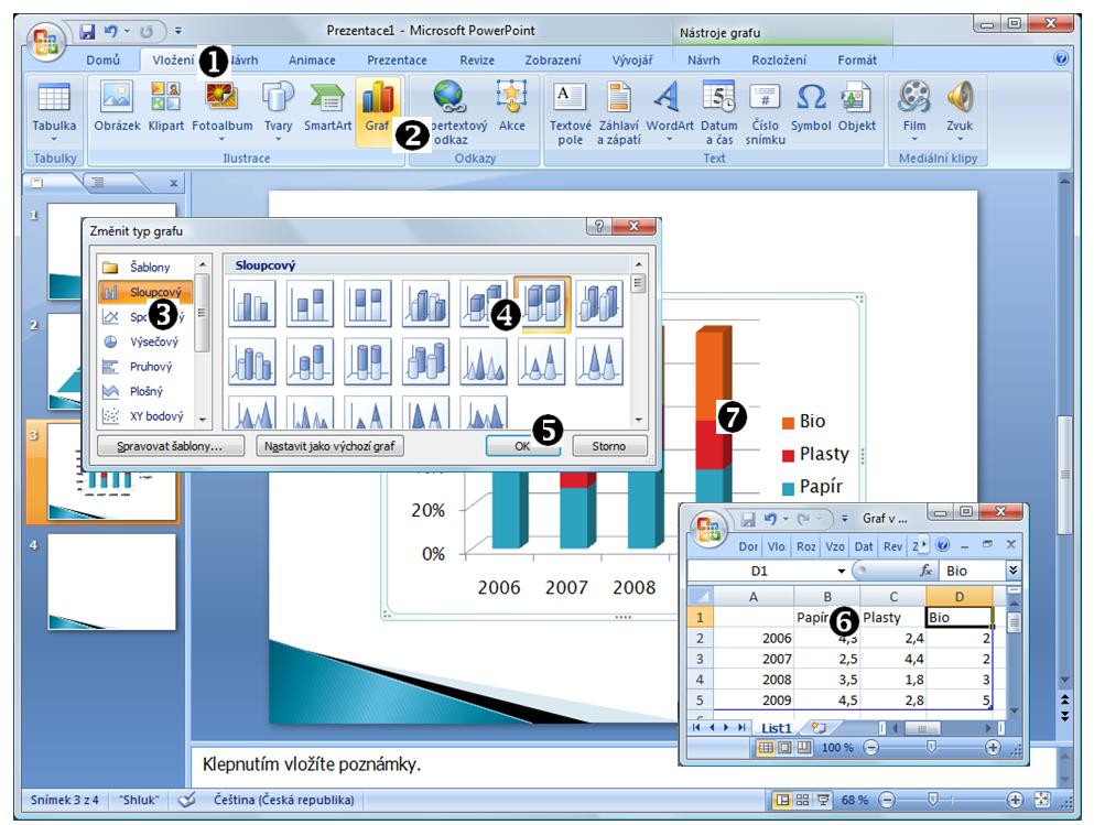 Úkol k řešení: Vloţte do prezentace graf. Zobrazení postupu POSTUP VYZKOUŠEJTE NA POČÍTAČI! Karta VLOŢENÍ Klikneme na záloţku karty Vloţení.