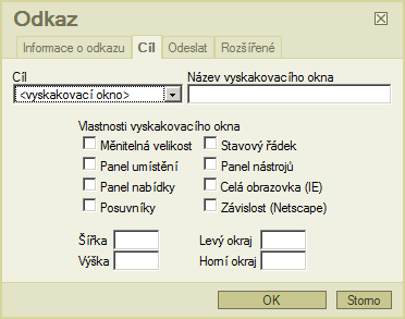 Cíl Na druhé záložce se nastavuje "Cíl": Cíl: nastavuje v jakém okně se má odkaz zobrazit.