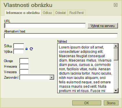 Vkládání obrázků Vkládání obrázků v HTML editoru je velmi jednoduché. Použijte dialogové okno pro zadání vlastností obrázku. Obsahuje 4 záložky: na nástrojové liště.