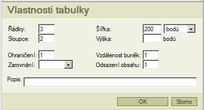 Tabulky Vytvoření tabulky Chcete-li vytvořit tabulku v HTML editoru musíte kliknout na "Vložit/Upravit tabulku" Zobrazí se dialogové okno "Vlastnosti tabulky". Řádky: počet řádků tabulky.