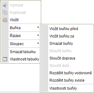 Práce s tabulkou Můžete měnit vlastnosti vytvořené tabulky. Kliknutím pravým tlačítkem myši na tabulce se zobrazí kontextové menu.