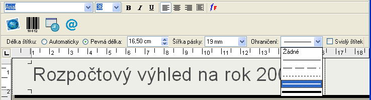 Vytvoření štítku 4 Do hlavního okna zadejte text Rozpočtový výhled na rok 2005.