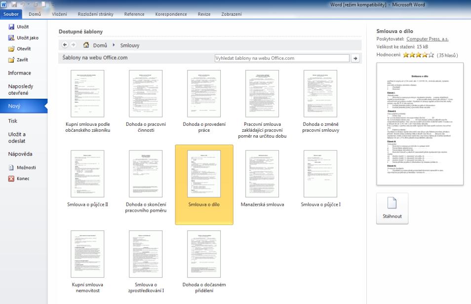 statné okno pro výběr šablony a v něm teprve šablonu vybrat a otevřít. Na následujícím příkladu si ukážeme, jak např. otevřít jednu ze stovek nabízených šablon. 3.2.